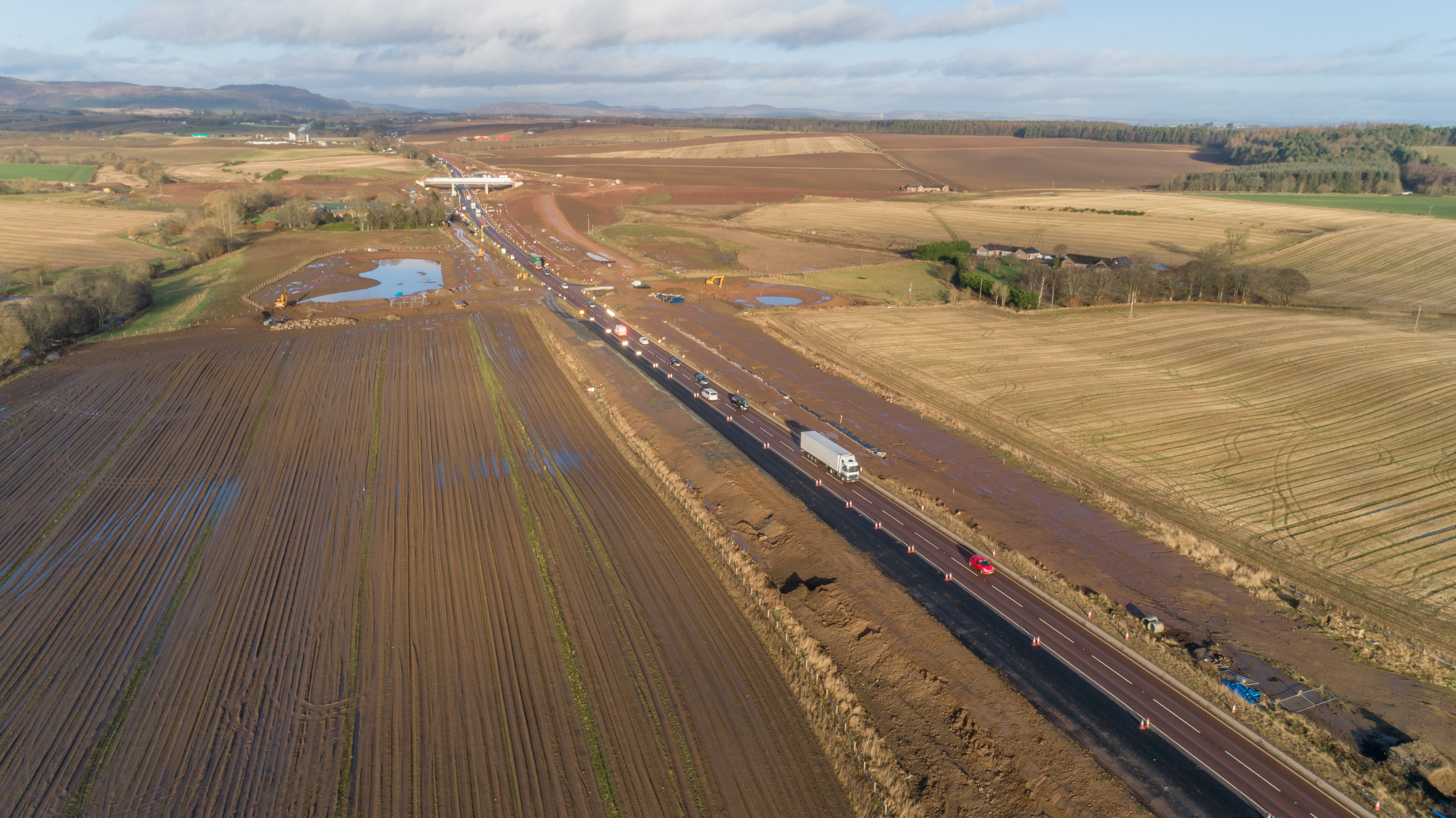 Aerial shot of carriageway with Tullybelton overbridge deck