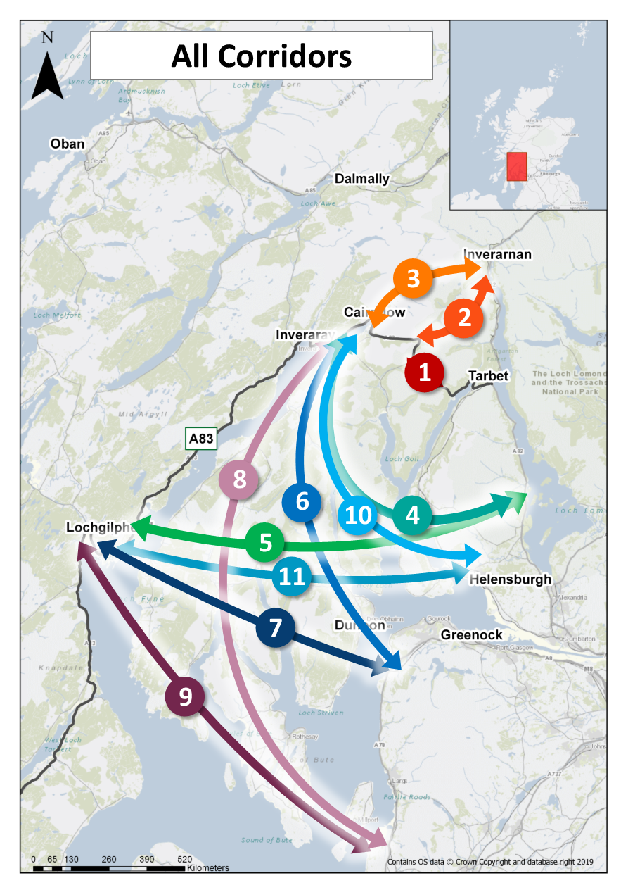 Map showing the eleven options under consideration during the first stage of the development work