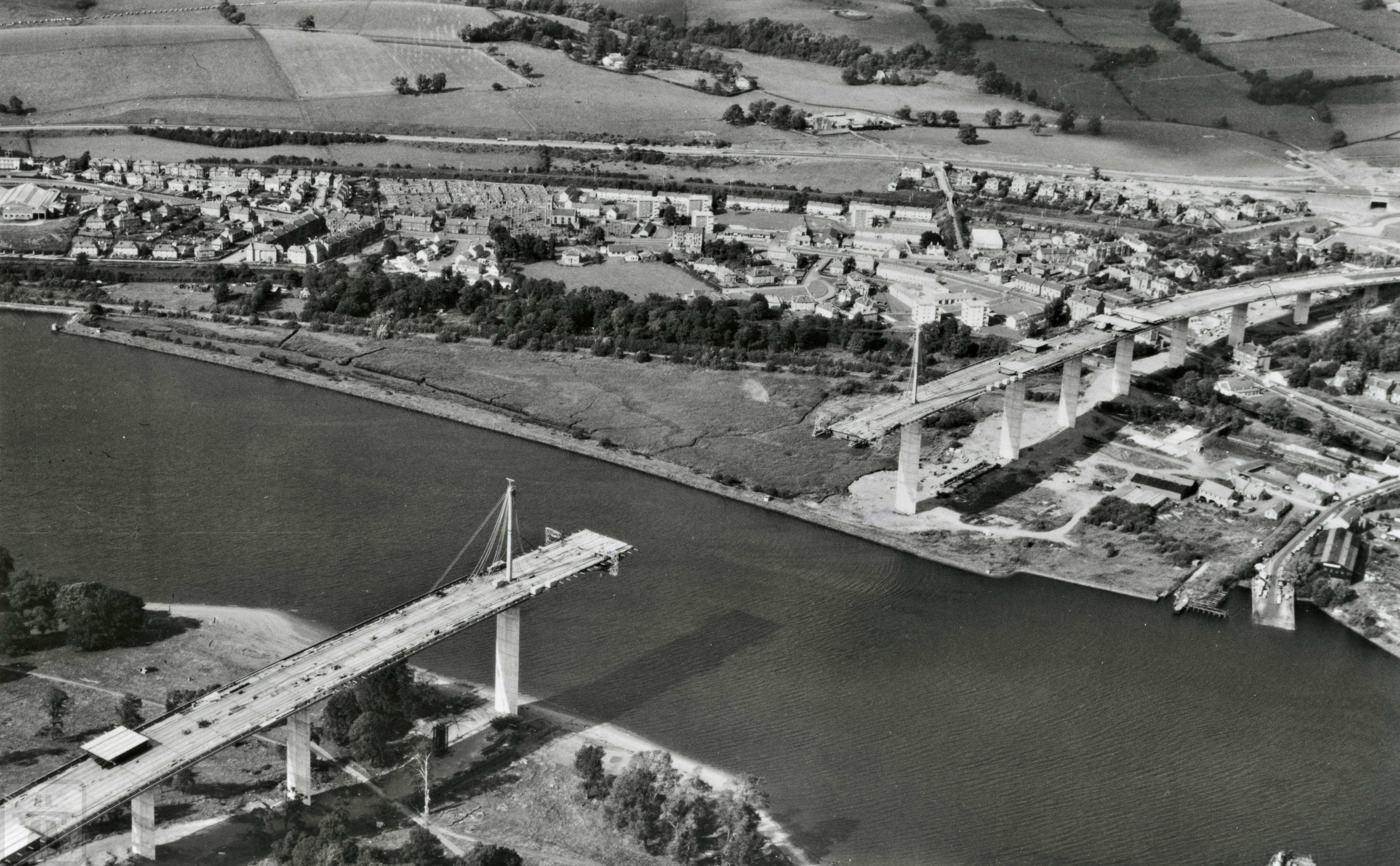 Aerial view of the Erskine Bridge under construction in August 1970 - the gap in the middle is still to be closed.