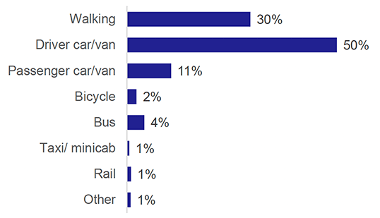 Chart showing percentage of adults travelling by each mode of transport. Car and walking are most common.