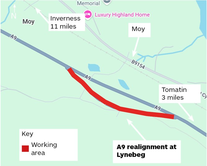Map showing the location of the Lynebeg realignment, with Inverness 11 miles to the north and Tomatin three miles to the south.