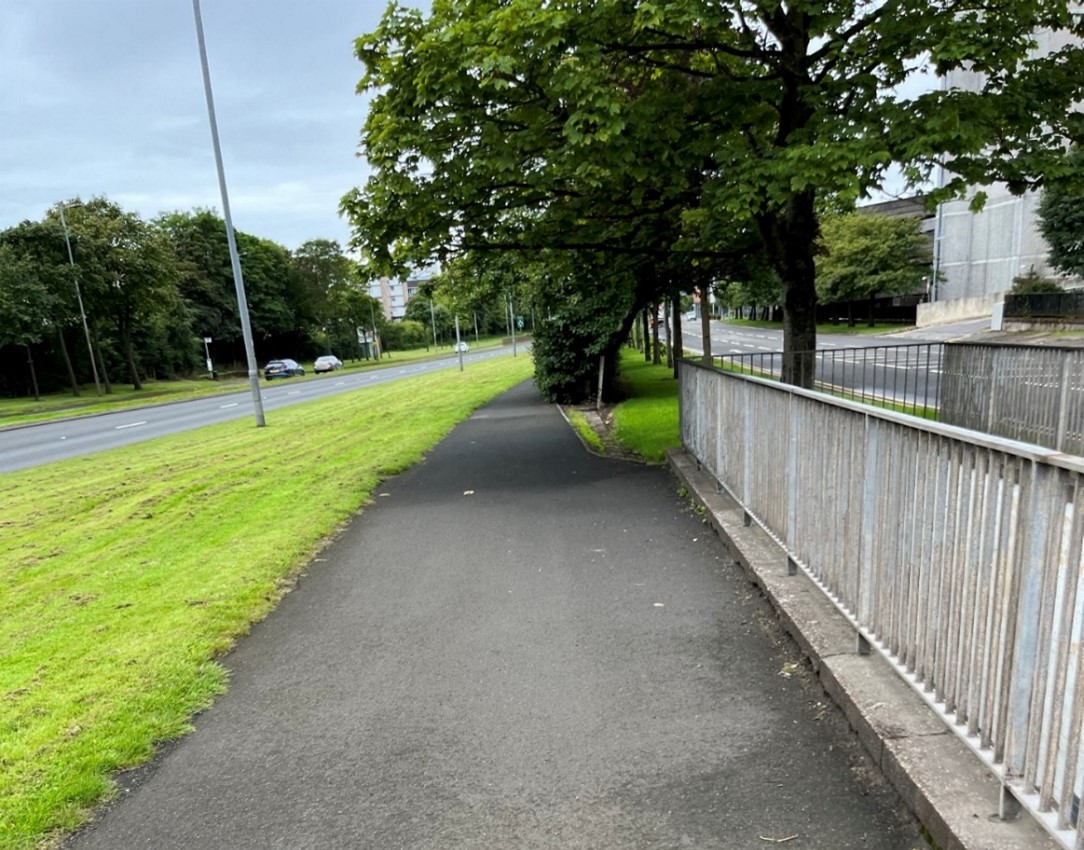 A narrow footpath running beside a grass verge and a main road.