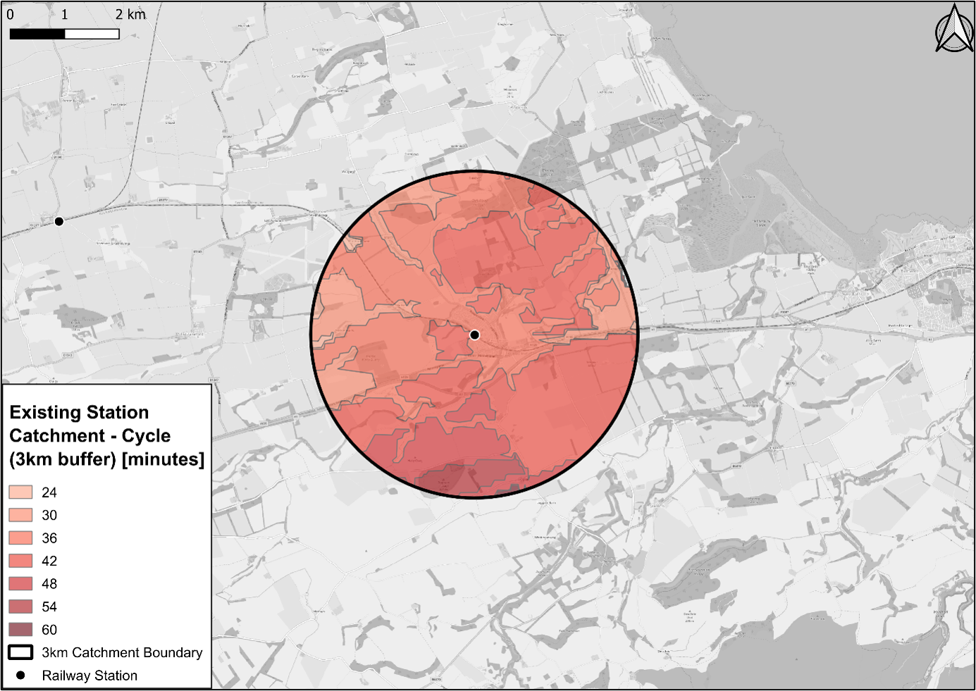 Figure 61: Isochrone map showing cycle times from census output areas to existing stations - as described in previous text