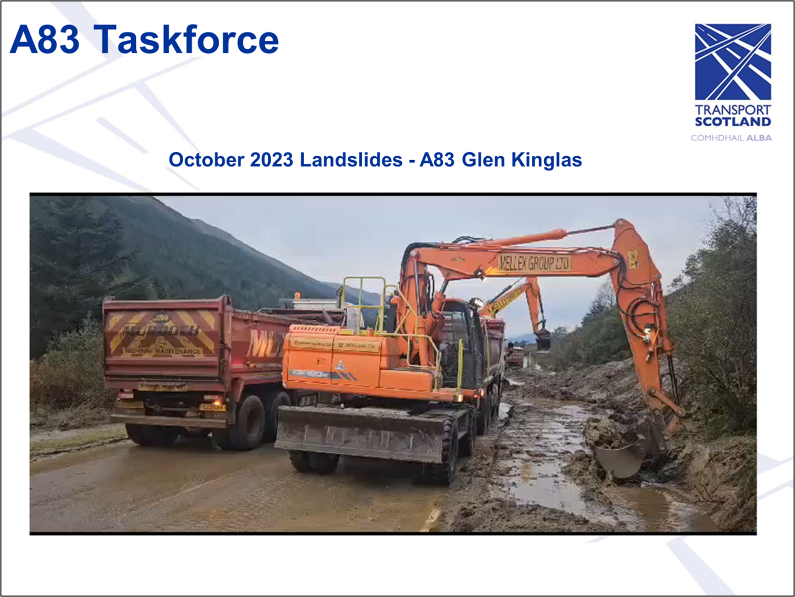 Caption: October 2023 landslides - A83 Glen Kinglas. Image of diggers on the scene as part of the clean-up response.