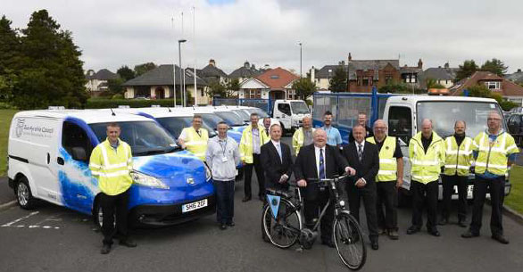 East Ayrshire Council staff with some of their fleet vehicles, including 7 electric vans funded through the Switched On Fleets initiative (Source: East Ayrshire Council).