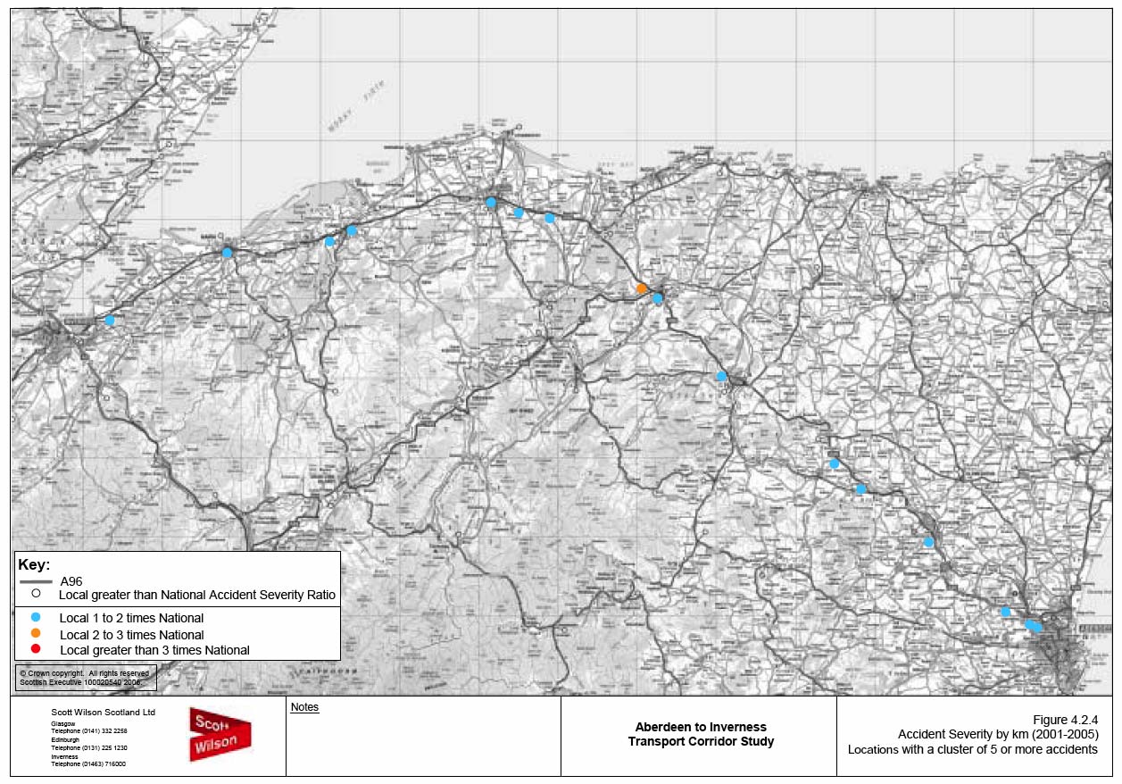 image of Figure 4.2.4 Accident Severity by km (2001-2005) Locations with a cluster of 5 or more accidents