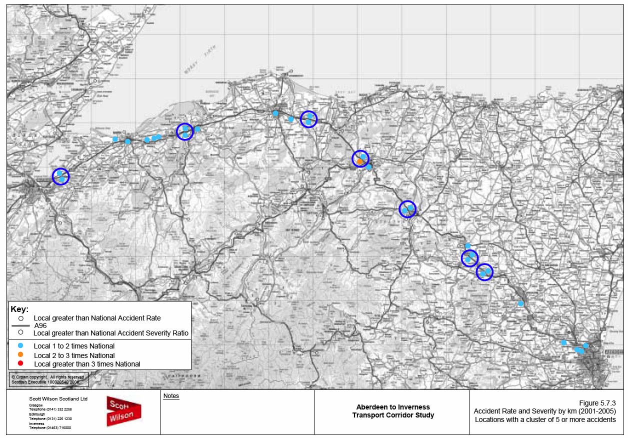 image of Figure 5.7.3 Accident Rate and Severity by km (2001-2005) Locations with a cluster of 5 or more accidents