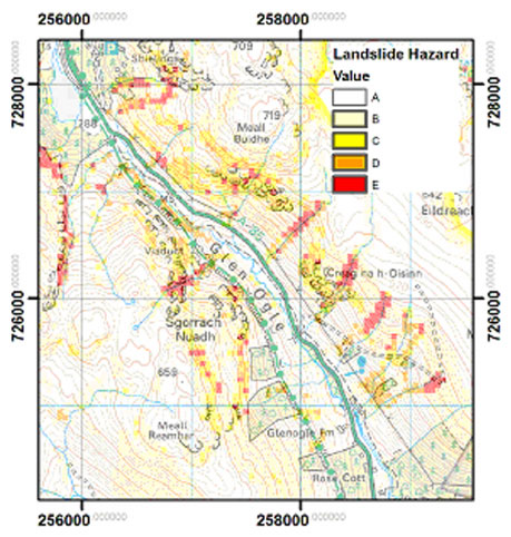 Output from the GIS-based assessment showing areas of debris flow trigger potential