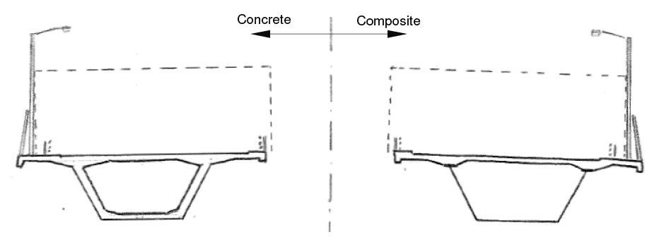 Assumed approach bridge (split section showing both concrete and composite alternatives)