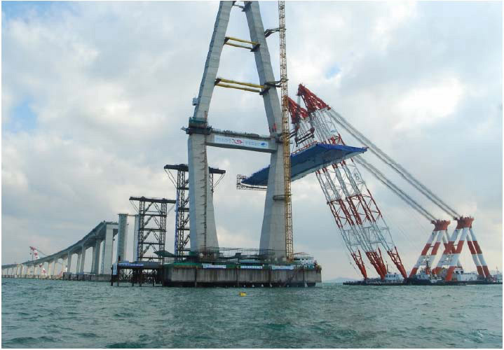 Large unit erection of cable stayed bridge side spans