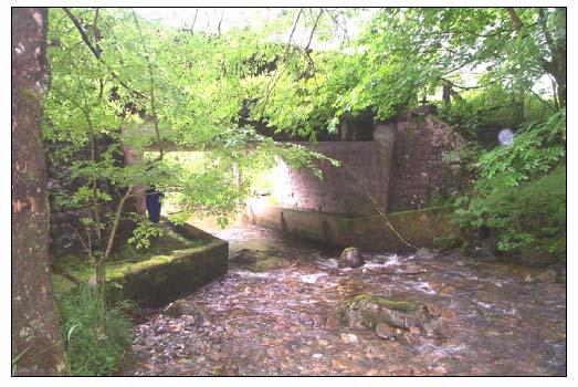 Figure 3.1 View looking downstream to Allt Fhiodhan Bridge, note the reduction in channel capacity and the presence of the riffle within the concrete foundations immediately upstream of the bridge.  