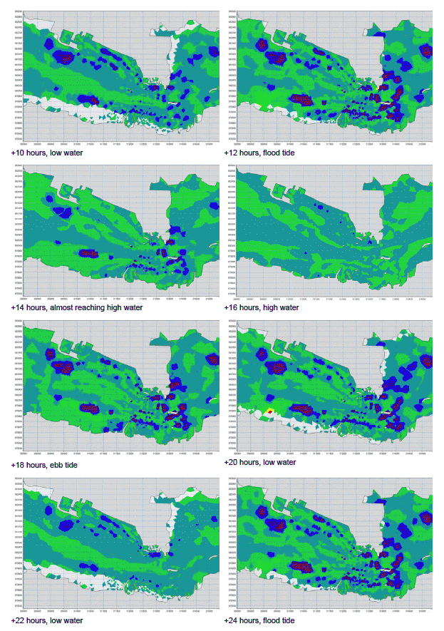 Diagram 57: Snapshots of Bottom Current Changes between Temporary Works and Baseline Conditions over a 48-hour Period