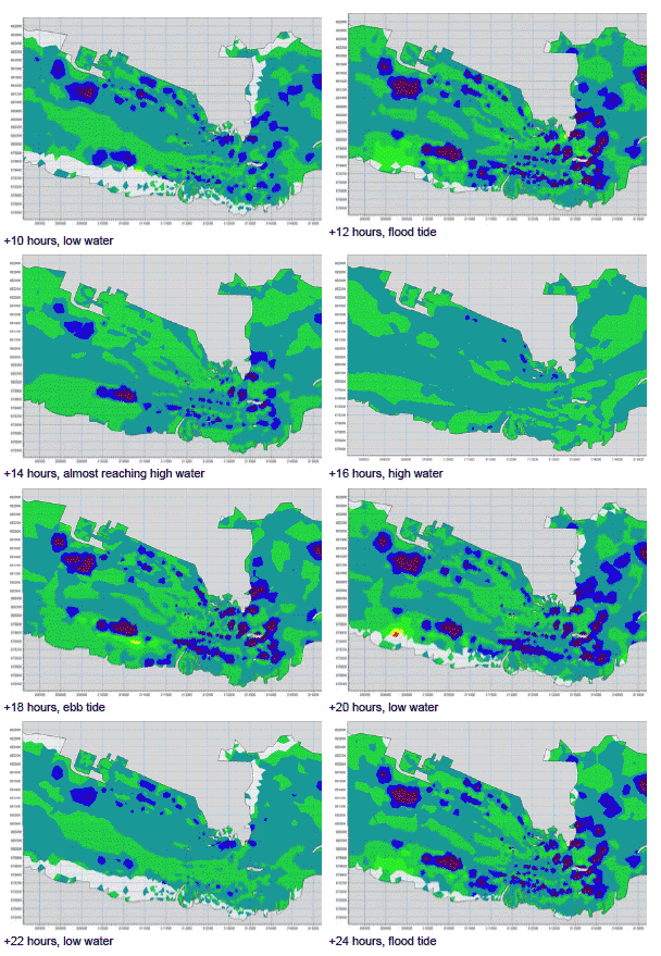 Diagram 61: Snapshots of Bottom Current Changes between Permanent Works and Baseline Conditions over a 48-hour Period