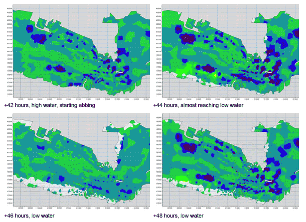 Diagram 61: Snapshots of Bottom Current Changes between Permanent Works and Baseline Conditions over a 48-hour Period