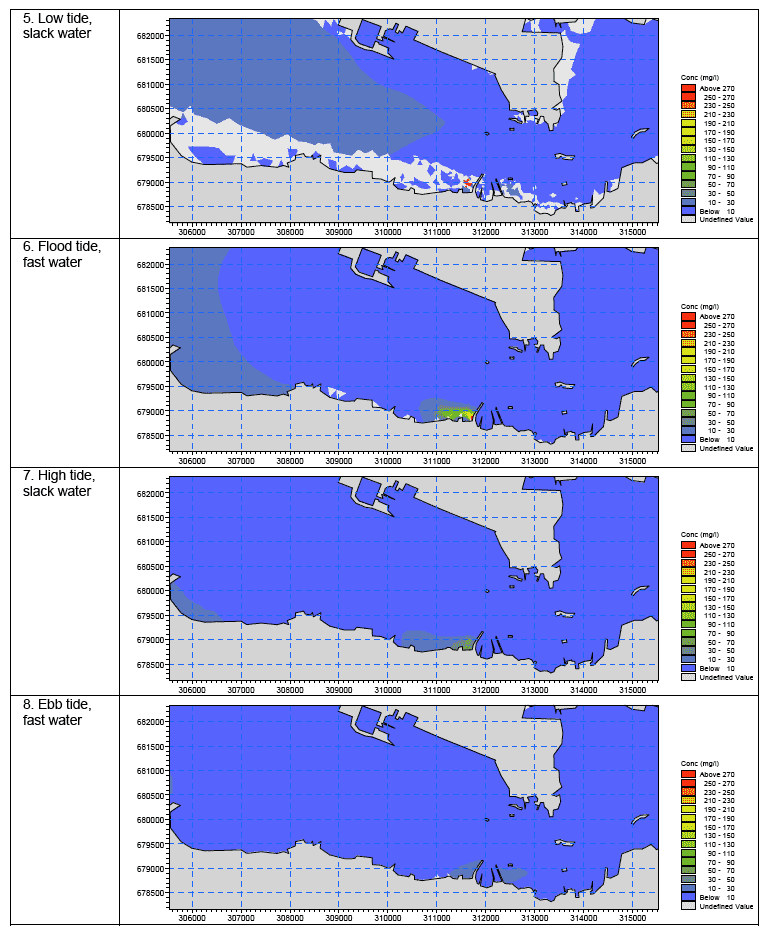 Diagram 73: Suspended Sediment Concentration Levels at Water Surface for Scenario S3 at Spring Tide (Pier S3 Dredging, both Bottom Release and Surface Overspill)