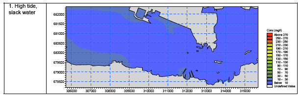 Diagram 85: Suspended Sediment Concentration Levels at Water Surface for Scenario S3 at Neap Tide (Pier S3 Dredging, both Bottom Release and Surface Overspill)