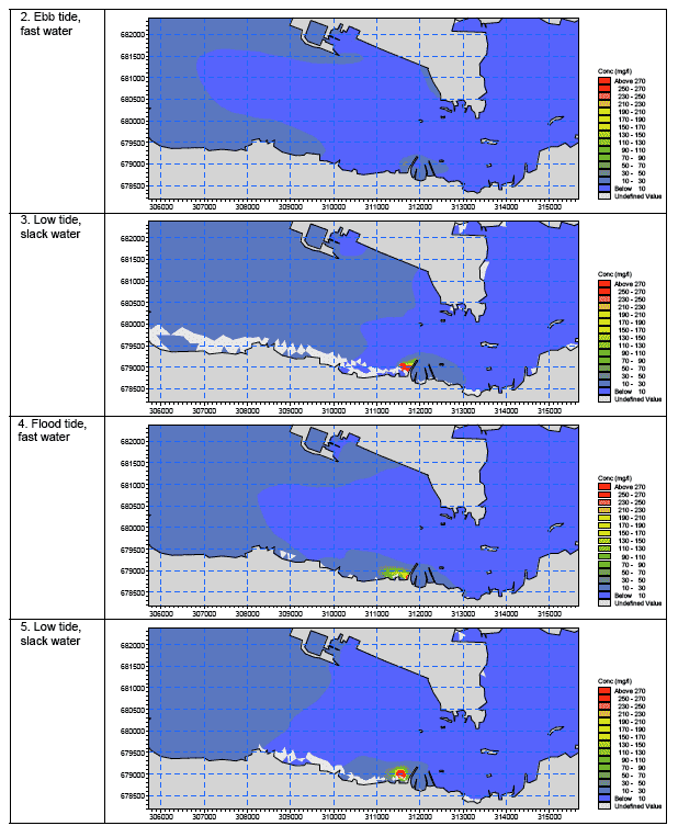 Diagram 85: Suspended Sediment Concentration Levels at Water Surface for Scenario S3 at Neap Tide (Pier S3 Dredging, both Bottom Release and Surface Overspill)