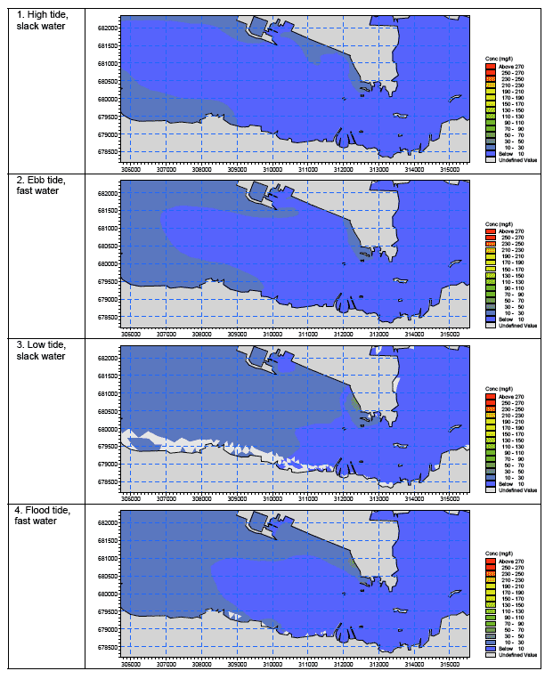 Diagram 86: Suspended Sediment Concentration Levels at Water Surface for Scenarios ST & N1 at Neap Tide (Piling at ST, Bottom Release Only; Pier N1 Dredging, both Bottom Release and Surface Overspill)