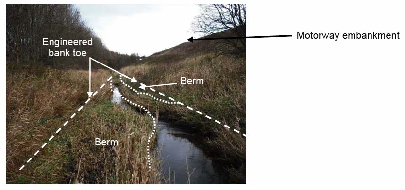 Photograph 3.3: Downstream view of Swine Burn, including berms and motorway embankment