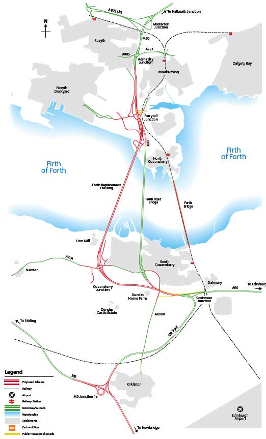 The route of the proposed bridge and connecting roads