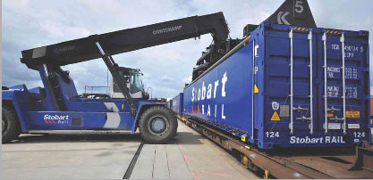 Container being loaded for transport by rail