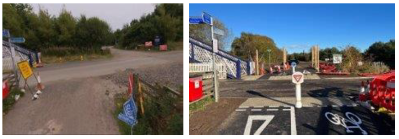 Before and after the upgrade to the cycle route near Carnoustie, showing improvements to road signage and access for cyclists