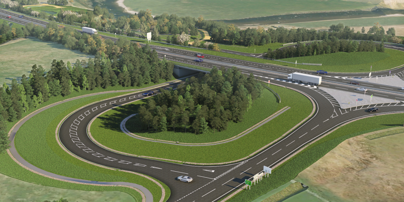 Artist's computer generated impression of what a section of the completed A9 Dualling: Tomatin to Moy stretch will look like. Features slip roads and vehicles.
