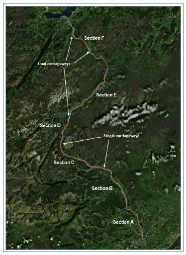 Figure 4 Overview of six Corridor Sections A-F