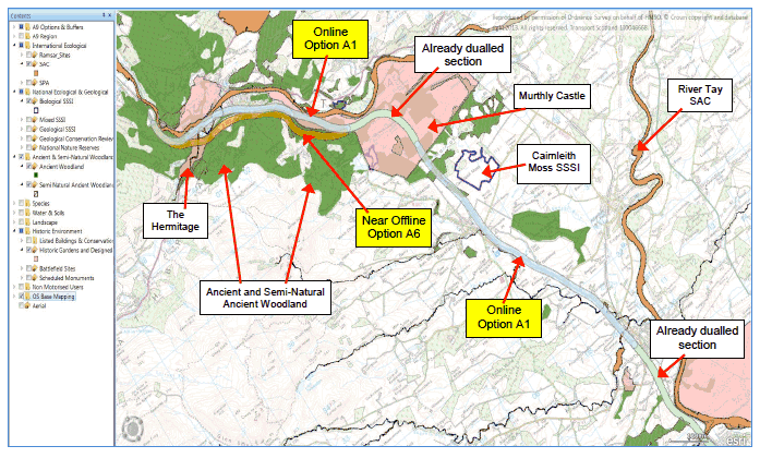 Figure 5 Overview of Online and Near Offline Corridor Options (A9 Section A)