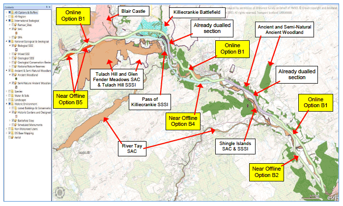 Figure 6 Overview of Online and Near Offline Corridor Options (A9 Section B)