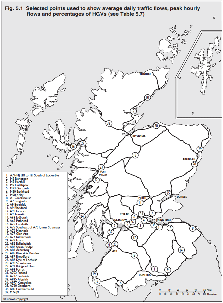 Fig 5.1 Selected points used to show average daily traffic flows, peak hourly flows and percentages of HGVs (see Table 5.7)