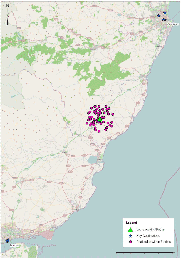 Figure 7.	Three Mile Postcode Catchment of Laurencekirk and Key Destinations in Aberdeen and Dundee