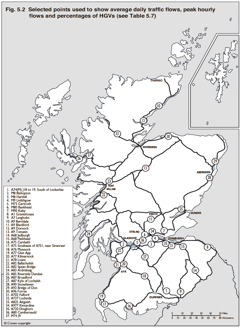 Fig. 5.2 Selected points used to show average daily traffic flows, peak hourly flows and percentages of HGVs (see Table 5.7)
