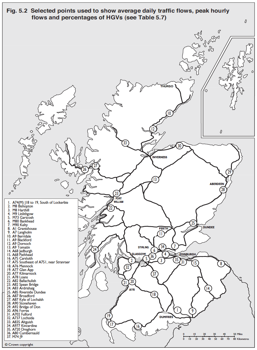 Figure 5.2 Selected points used to show average daily traffic flows, peak hourly flows and percentages of HGVs