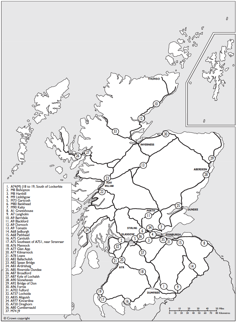 Fig. 5.2 Selected points used to show average daily traffic flows, peak hourly
flows and percentages of HGVs (see Table 5.7)