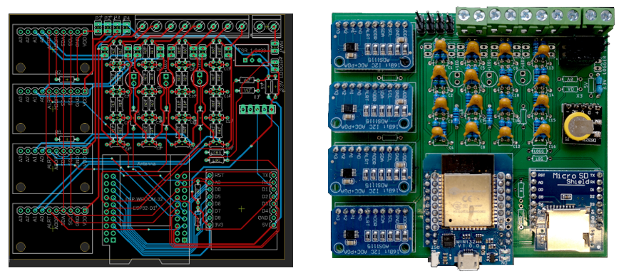 Seismic node drawing (left) and printed circuit board photograph (right)