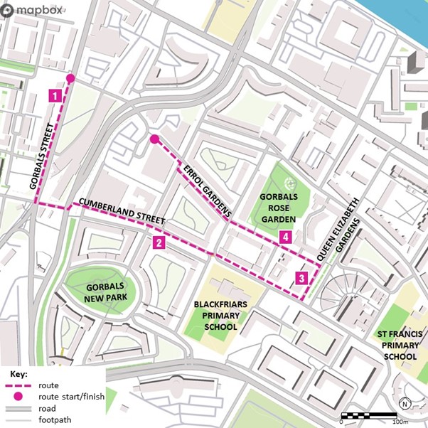 Map of the route detailed in the table below.