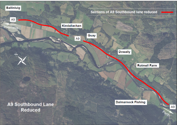 Map showing the planned stretch of reduced southbound lane width on the A9 between Ballinluig and south of Rotmell junction.