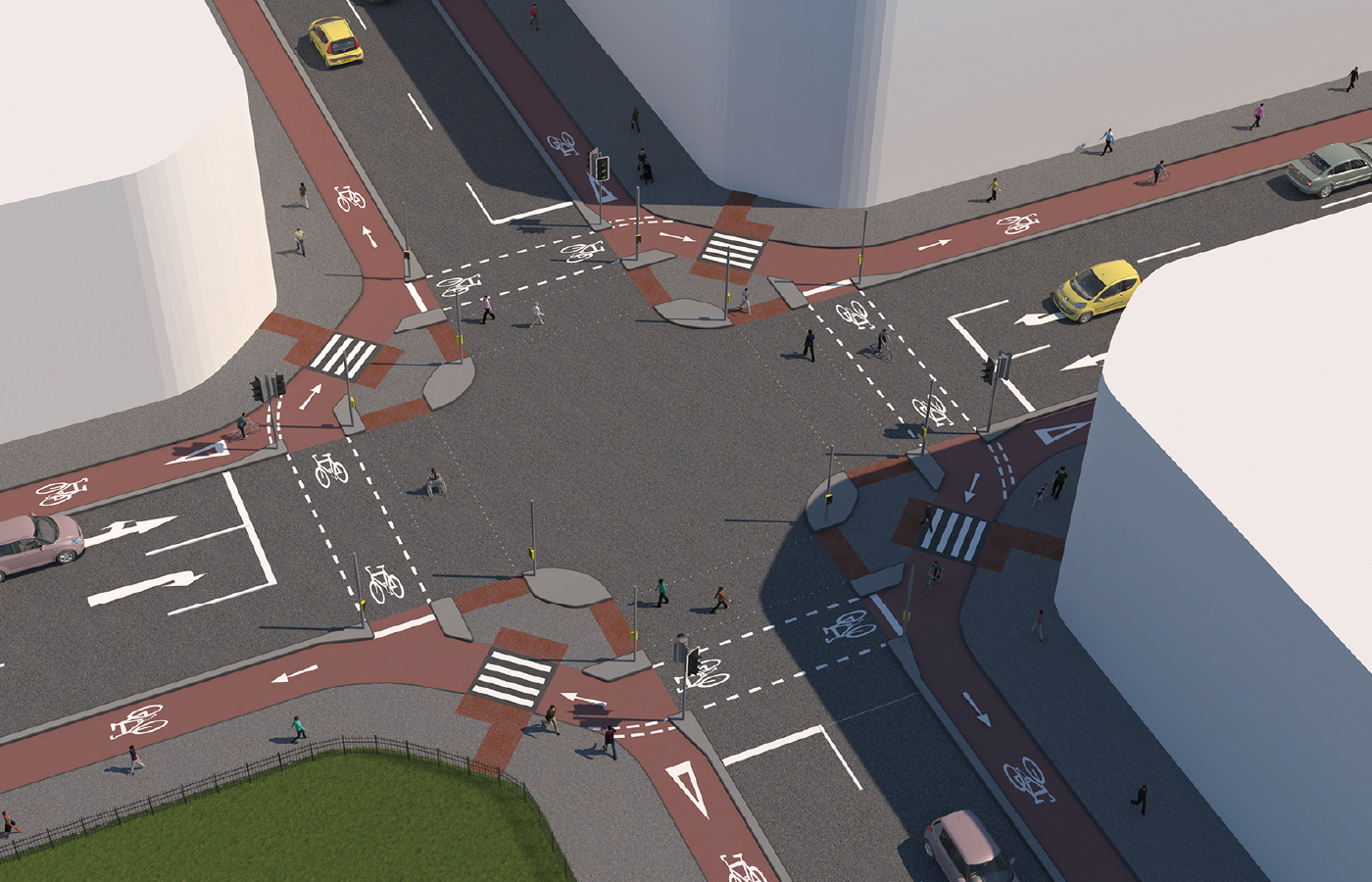 Figure 5.14: CYCLOPS protected signal-controlled junction layout with Zebra crossing of cycle track (3D), as described in previous text