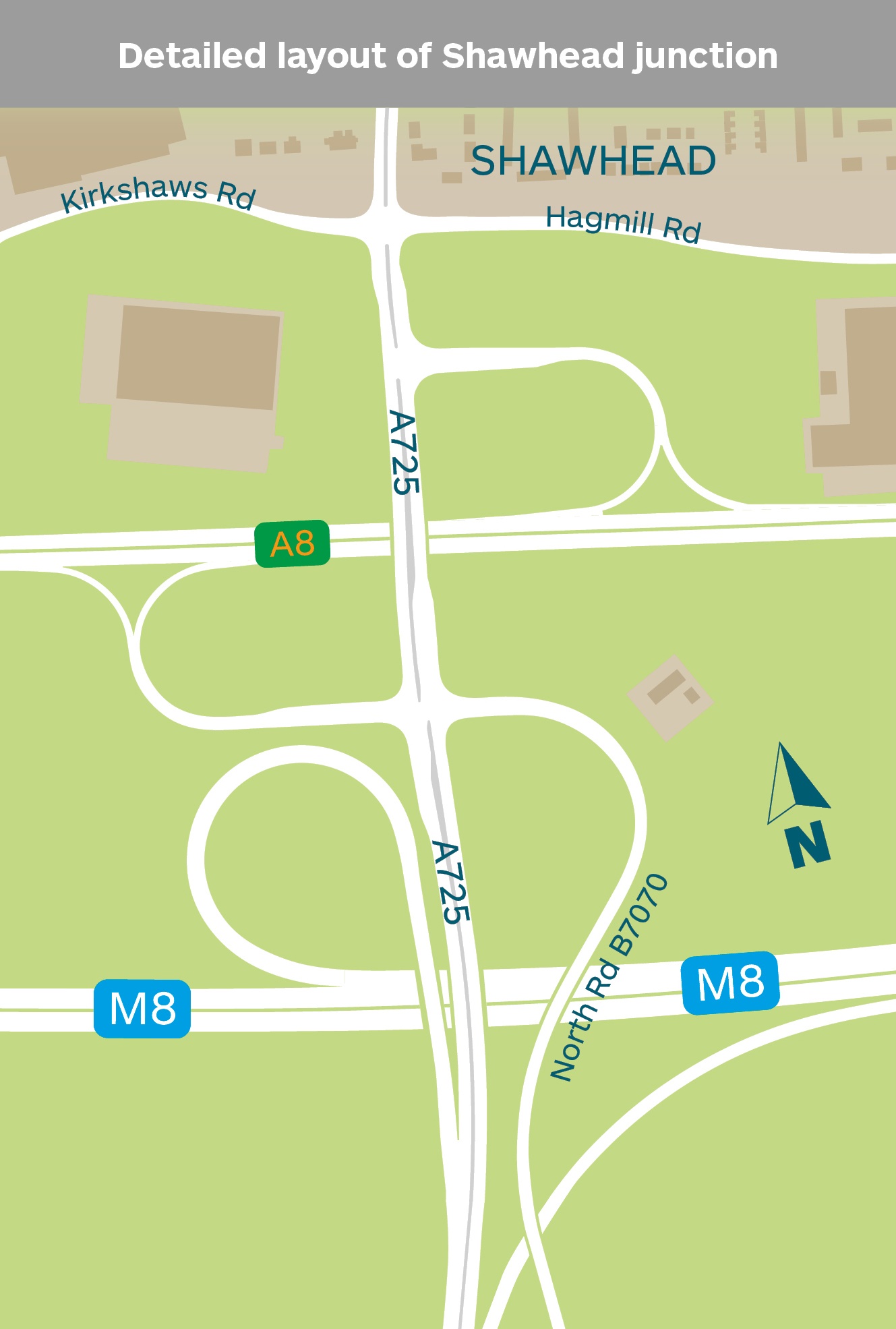 Layout showing the three key junctions at Shawhead and the direct link roads with the new M8