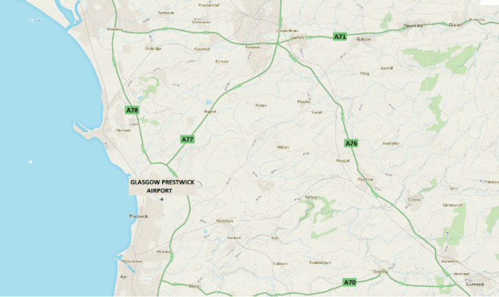 Map of Glasgow Prestwick Airport and surrounding area