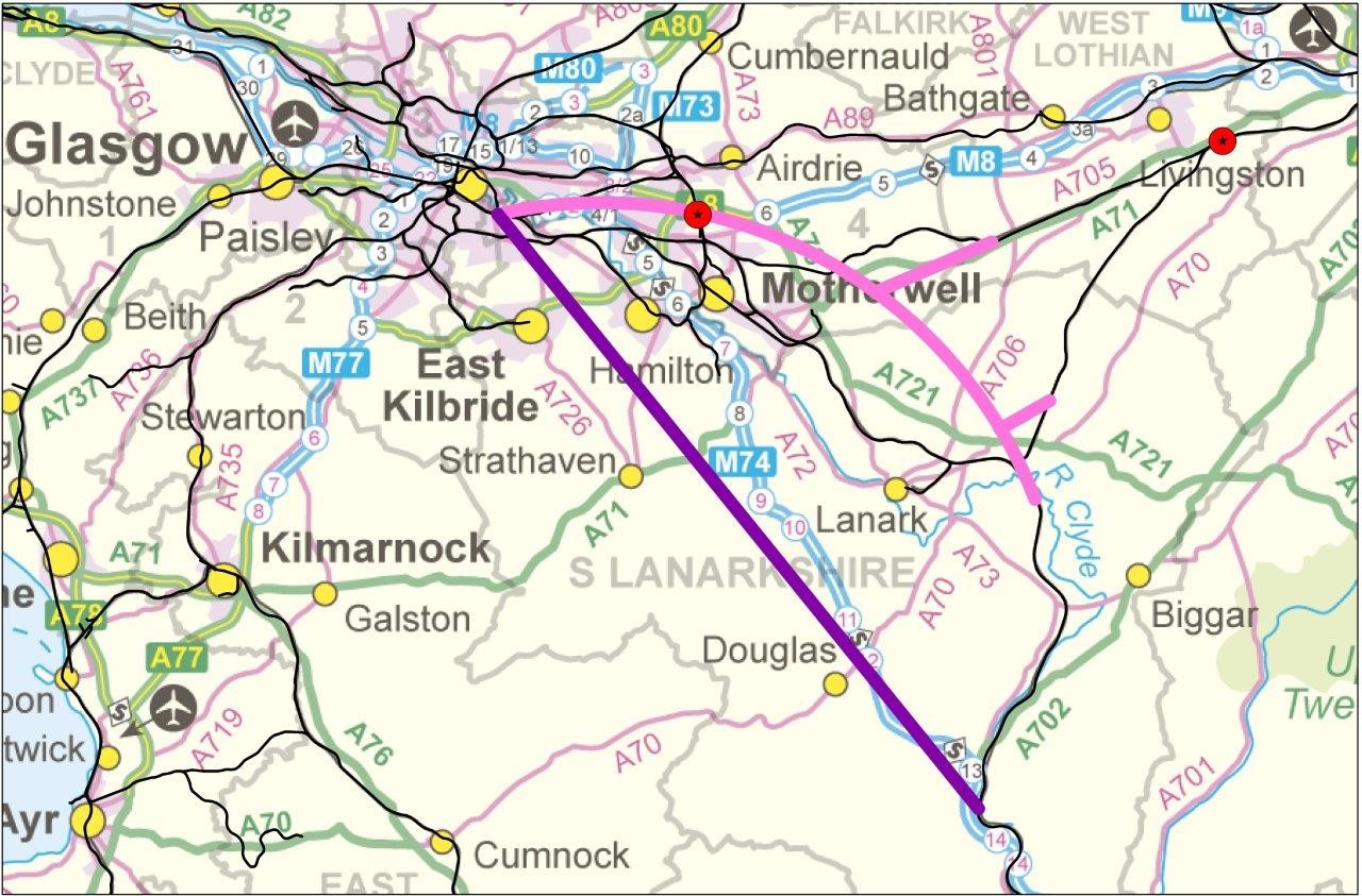 Vector representation of West Coast option from Abington to Carstairs or Rutherglen (Not actual route)