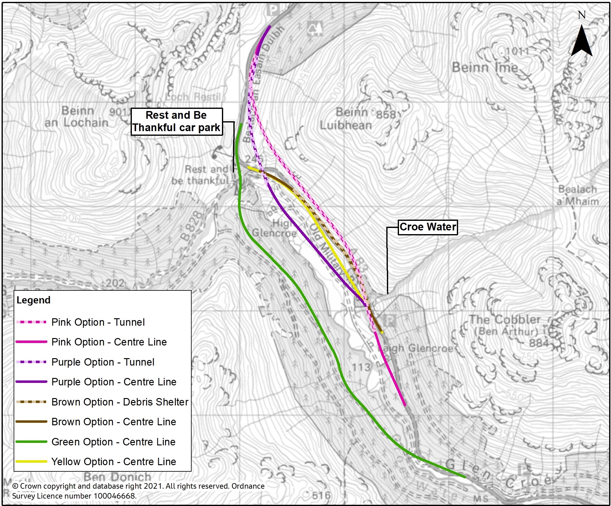 Shows the various possible route options that exist within the recommended preferred corridor and they are shown in front of Ordnance Survey mapping. These possible route options are named, the brown / yellow / green / purple / pink possible route options