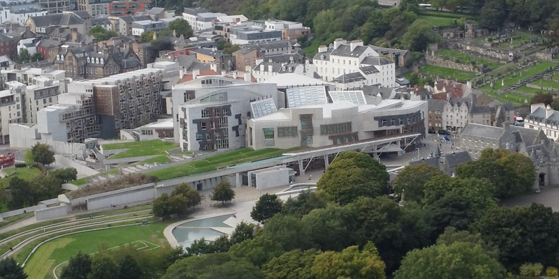 Aerial shot of Scottish Parliament building at Holyrood