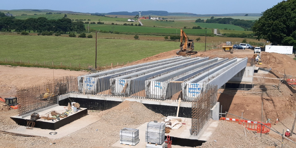 Beam lifts complete and in place, ready to form a bridge at the A77 Maybole Bypass