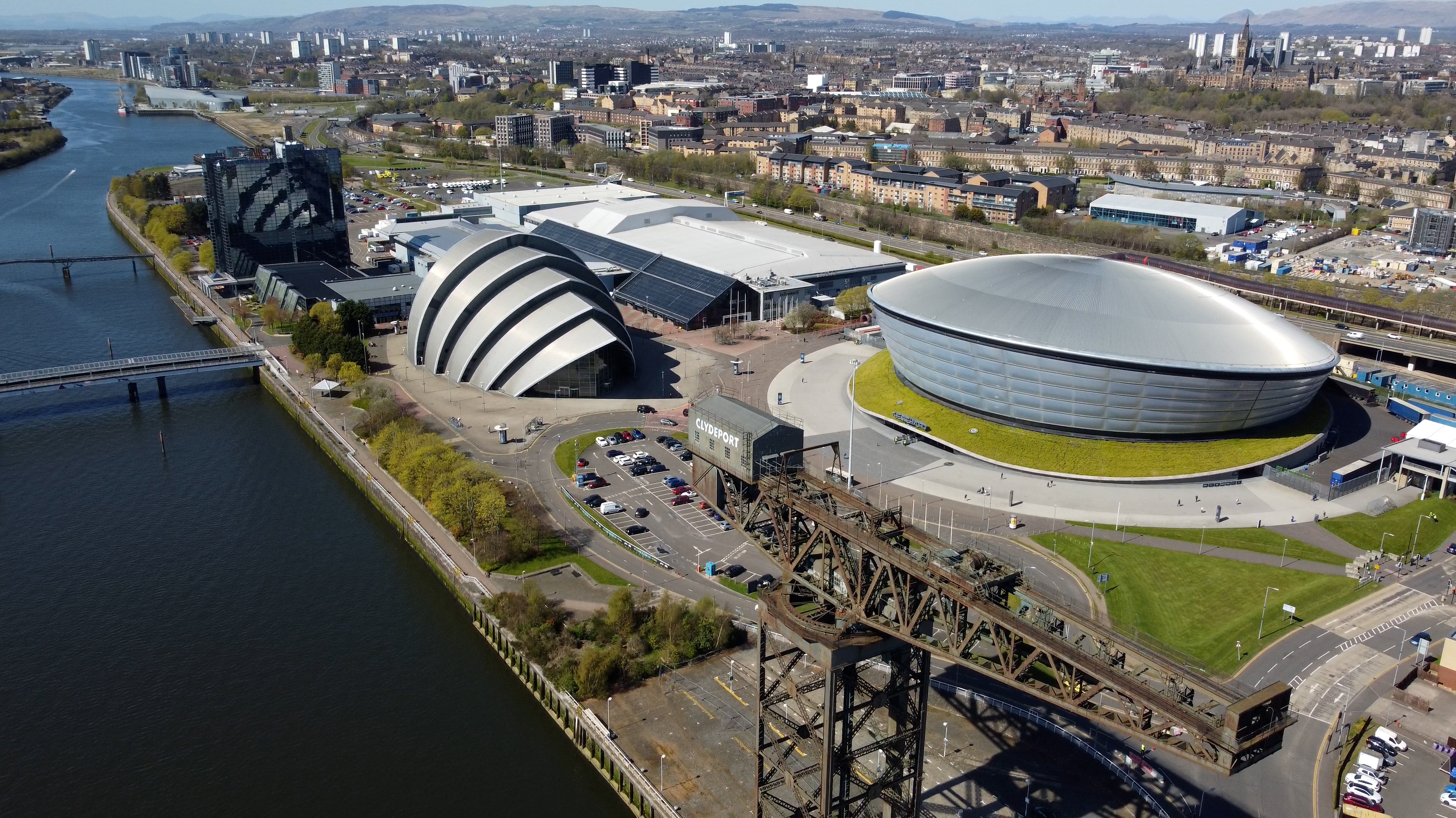 Aerial view of SEC complex buildings by the river Clyde in Glasgow.