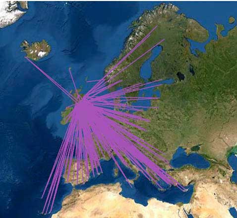 Map showing routes from Scotland to Europe

Lots of routes