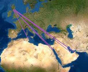 Map showing routes from Scotland to rest of the world

A few routes to middle east