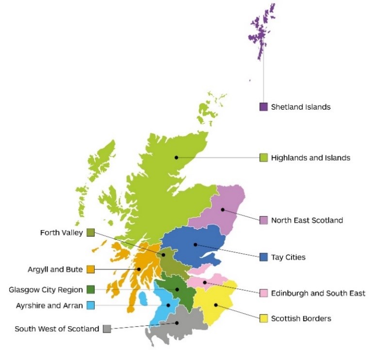 Map of Scotland showing the 11 STPR2 regions: Argyll and Bute, Ayrshire and Arran, Edinburgh and South East, Forth Valley, Glasgow City Region, Highlands and Islands, North East Scotland, Scottish Borders, Shetland Islands, South West of Scotland and Tay Cities.