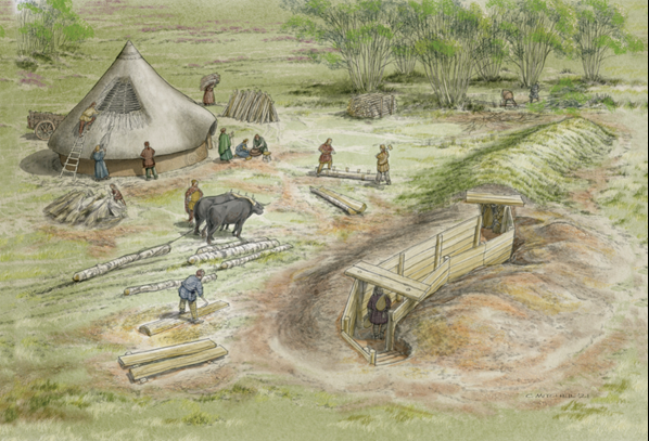 Illustration based on evidence from the Luncarty to Pass of Birnam excavations, and shows the site of a settlement  in the Iron Age.